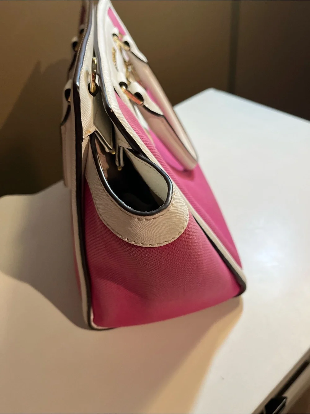 Michael Kors Pink Canvas White Leather Trim Satchel Bag